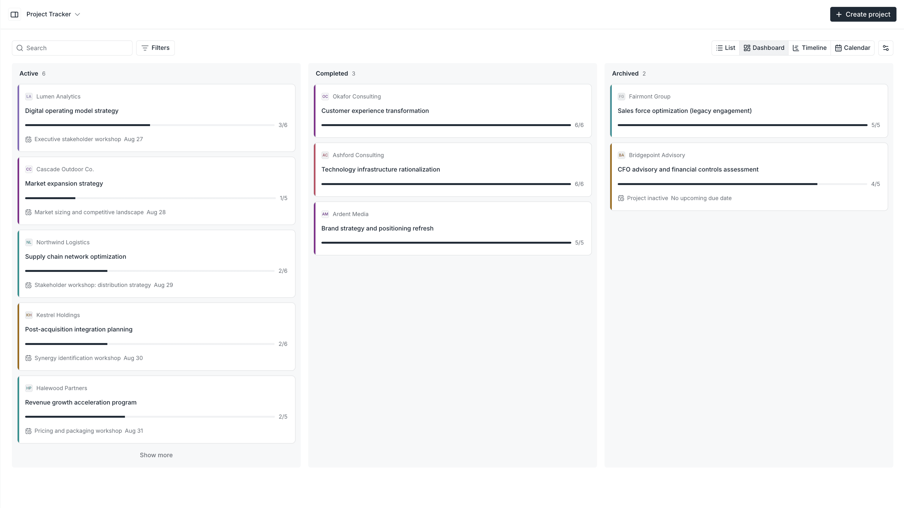 Project tracker template showing client milestones grouped into Next, In progress, and Done.